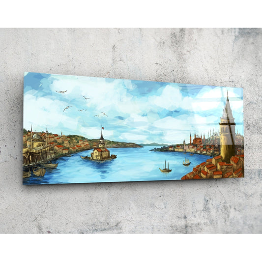 Horizontal glass wall art depicting Istanbul's waterfront with the Galata Tower, mosques, boats, and blue water against a concrete background.