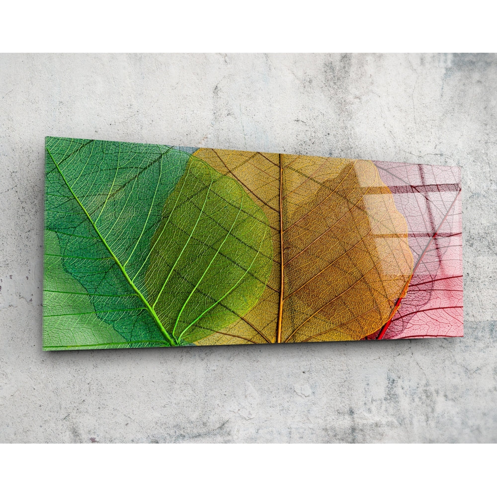 Overhead view of glass wall art displaying two translucent leaves with veining, transitioning from green through yellow to pink-red tones against concrete.