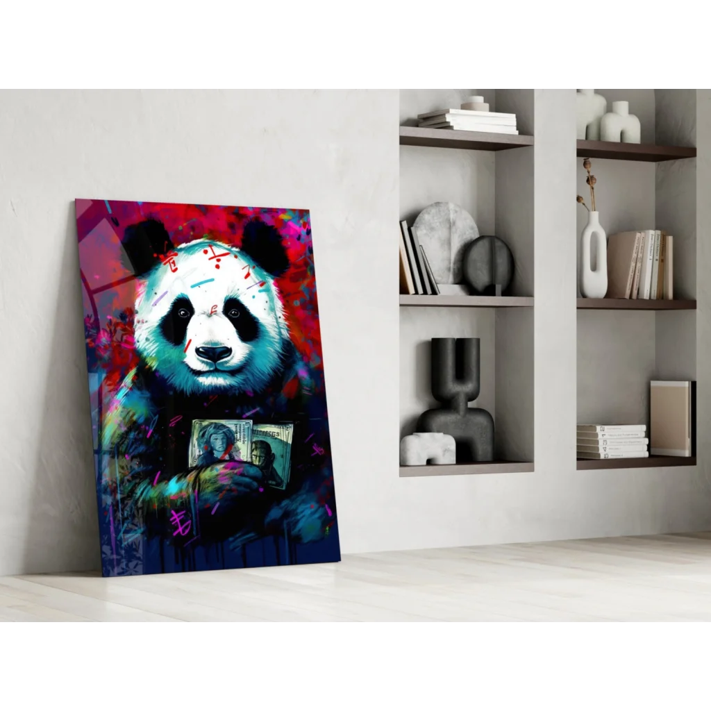 Vibrant graffiti panda glass wall art with bold red money splash design