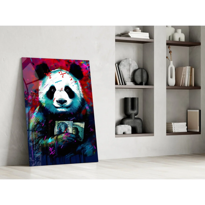 Vibrant graffiti panda glass wall art with bold red money splash design