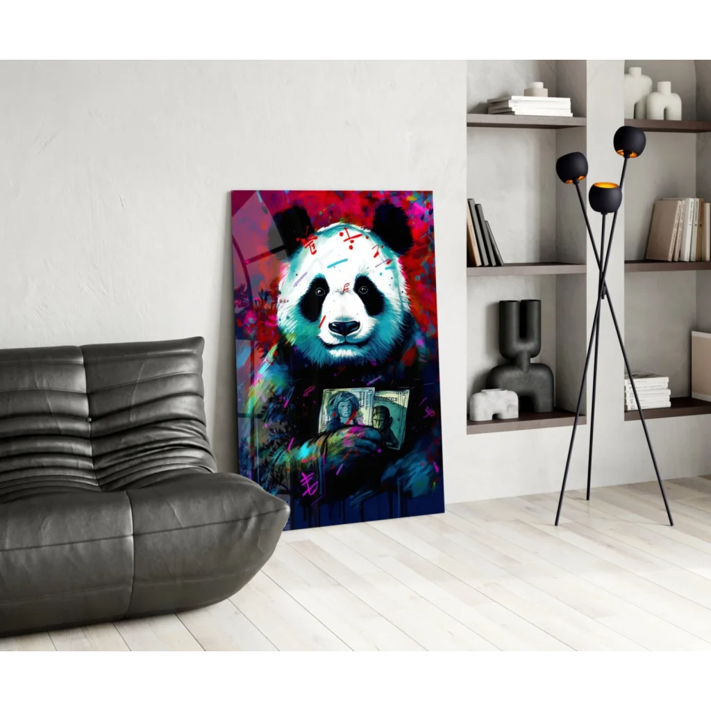 Stylized panda with money in vibrant pop-art on graffiti glass wall art
