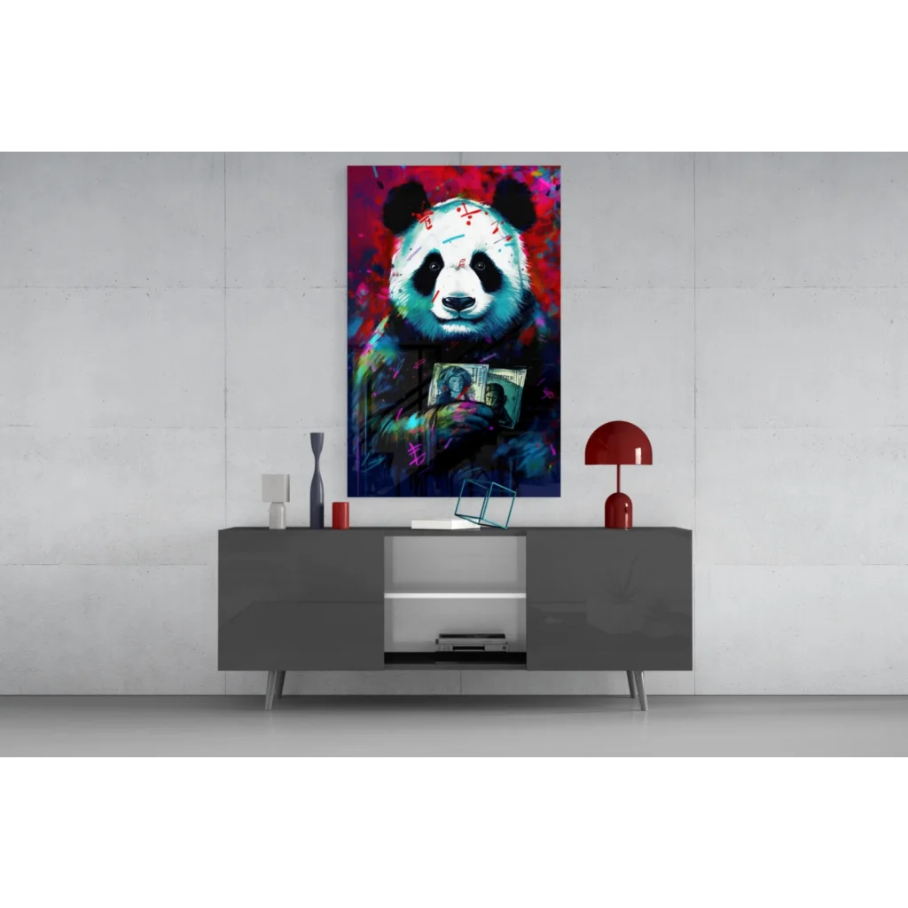 Vibrant graffiti panda glass wall art with bold red, blue money splashes