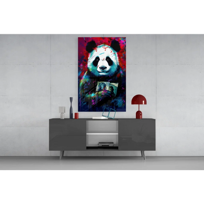 Vibrant graffiti panda glass wall art with bold red, blue money splashes
