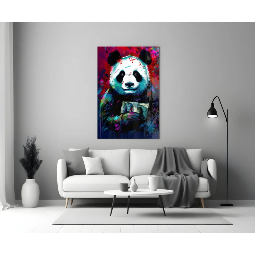 Graffiti Panda Glass Wall Art with Bold Money Splash Design | Contemporary Home Wall Art | vintageantiquesgifts.com