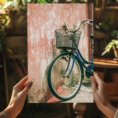 Blue bicycle with black basket against pink wall on Insigne aluminum print