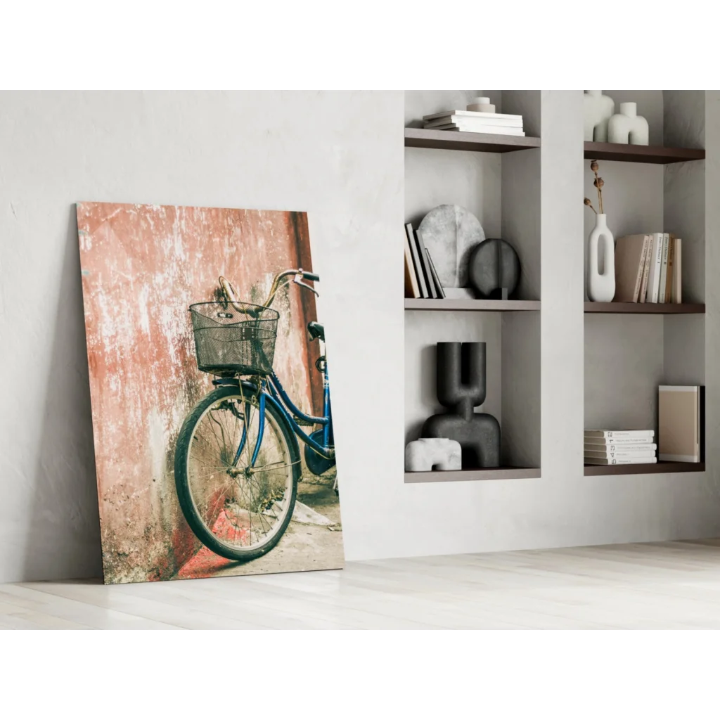 Vintage blue bicycle glass wall art print on faded pink wall