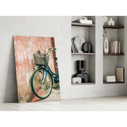 Vintage blue bicycle glass wall art print on faded pink wall