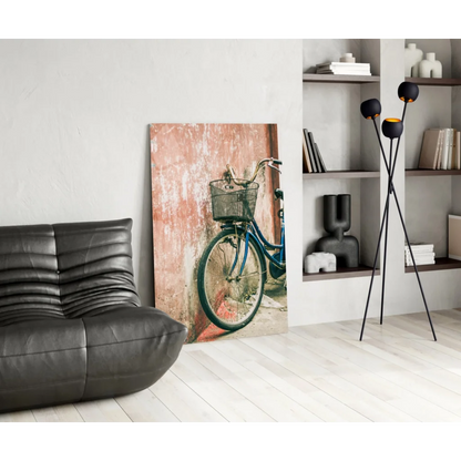 Blue bicycle against pink wall in stunning glass wall art print