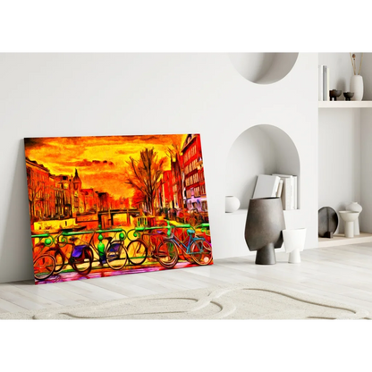 Vibrant sunset canal bikes glass wall art print