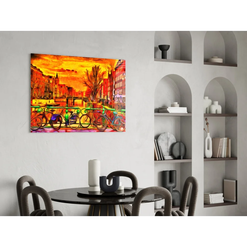 Vibrant sunset canal bikes glass wall art print