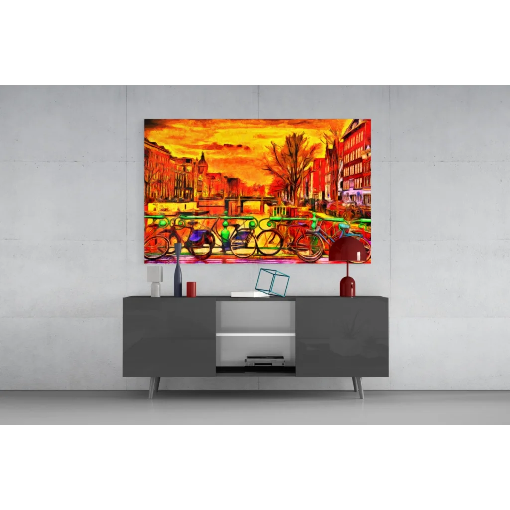 Vibrant sunset canal bikes glass wall art print