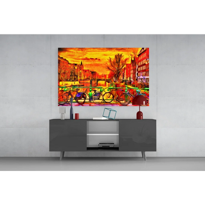 Vibrant sunset canal bikes glass wall art print