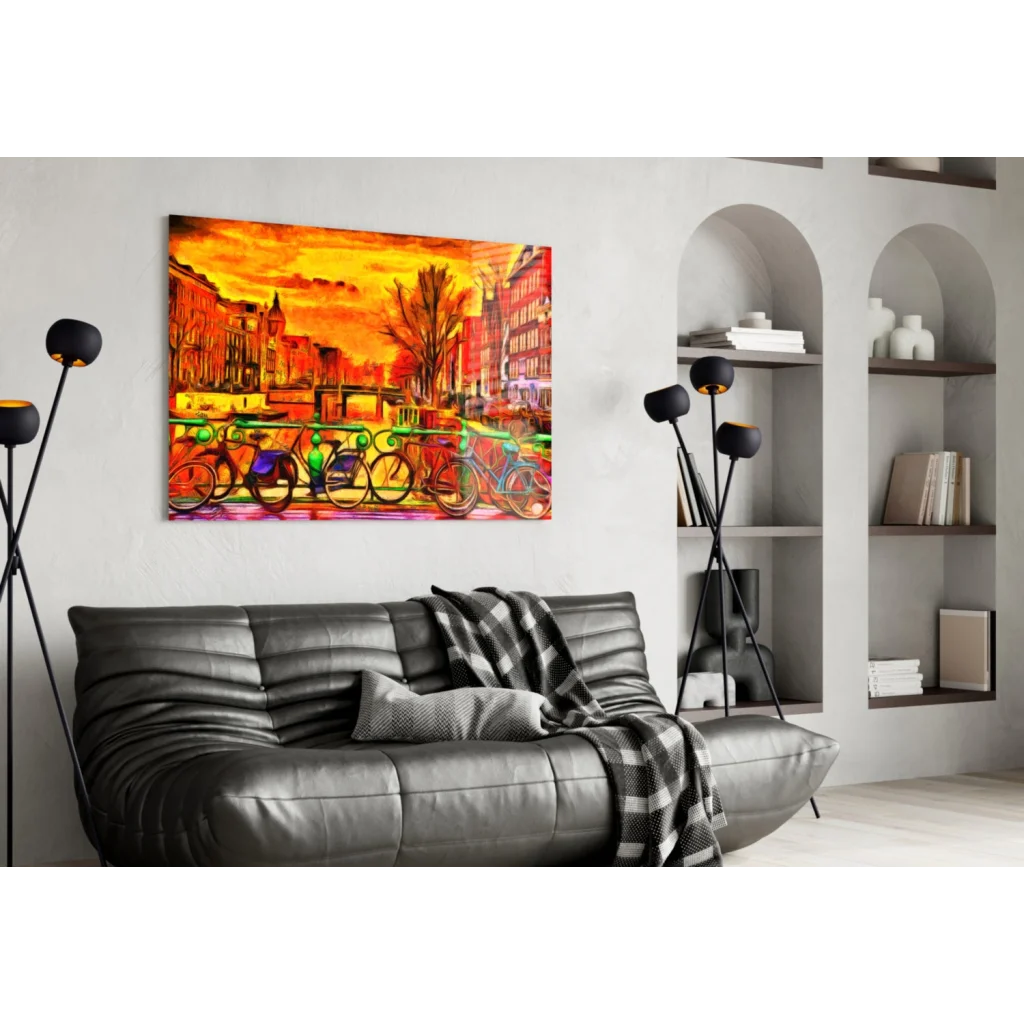 Vibrant orange red abstract glass wall art print of sunset canal bikes