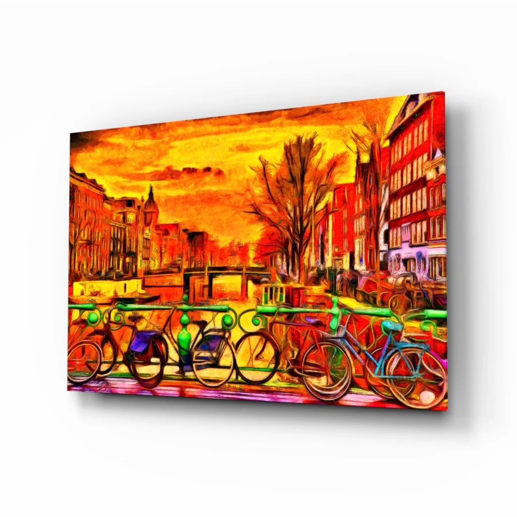Vibrant sunset canal bikes glass wall art print