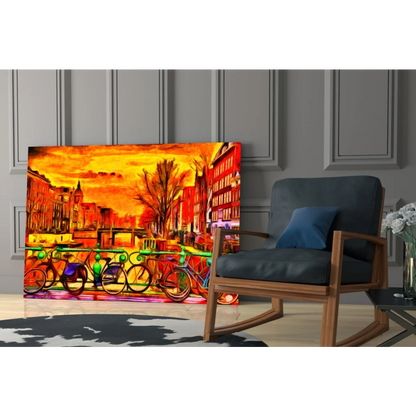 Vibrant sunset canal bikes glass wall art print