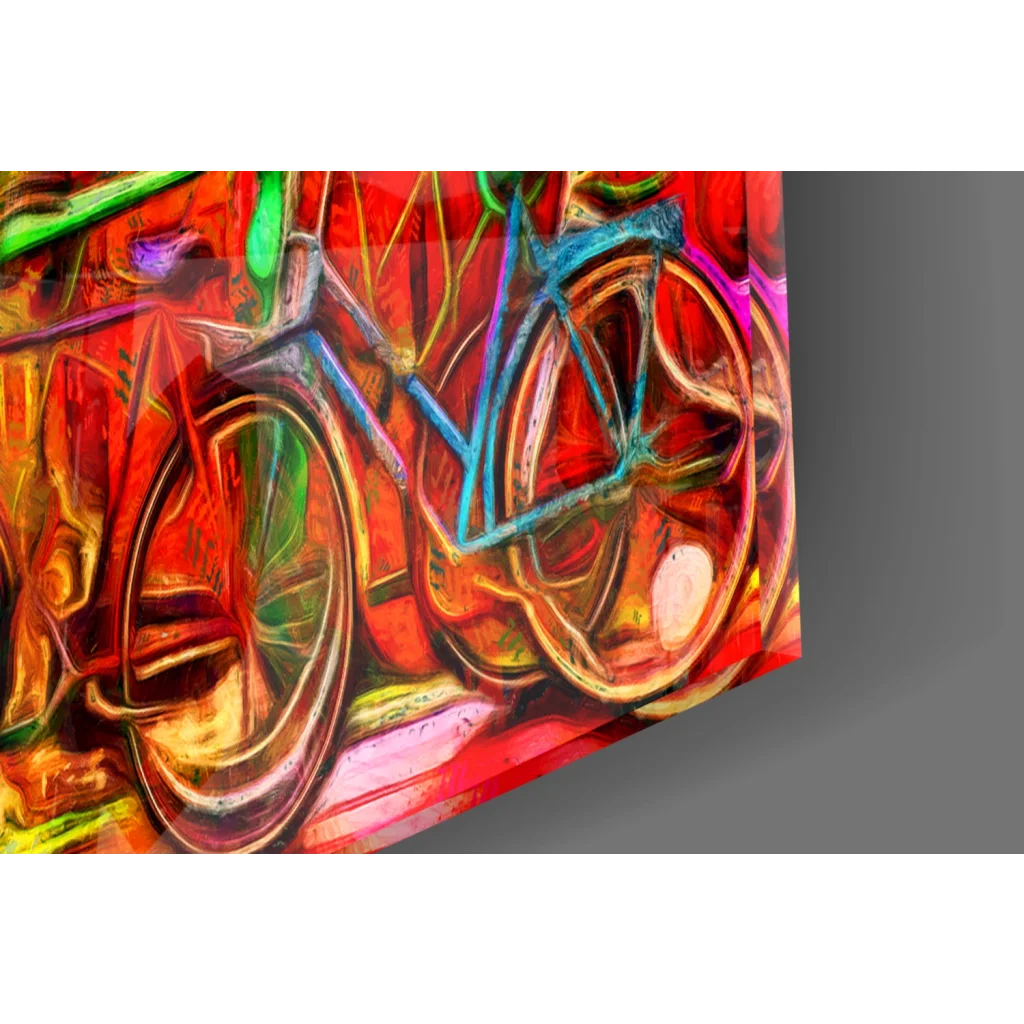 Vibrant Sunset Canal Bikes glass wall art print in bold red, blue hues