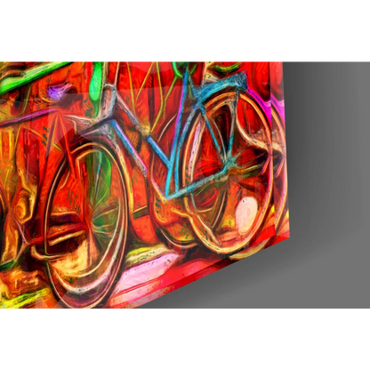 Vibrant Sunset Canal Bikes glass wall art print in bold red, blue hues