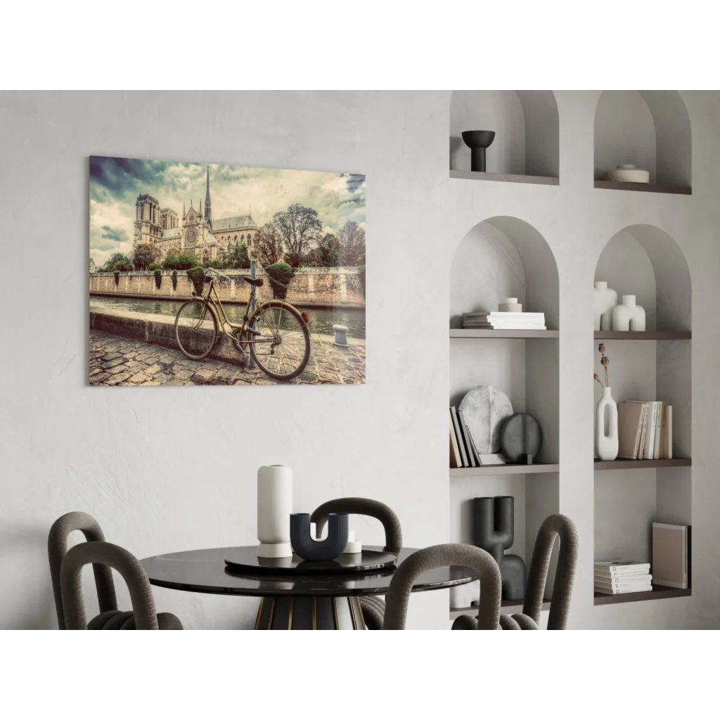 Vintage bicycle by Seine with Notre Dame in sepia tones wall art