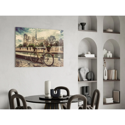 Vintage bicycle by Seine with Notre Dame in sepia tones wall art