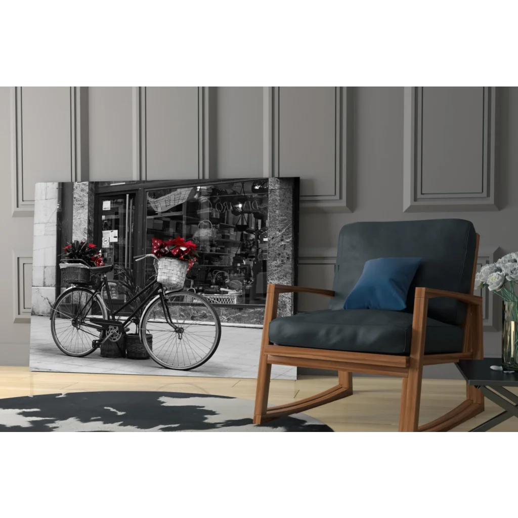 Vintage bicycle with red flowers black and white canvas wall art print