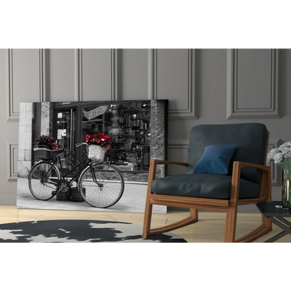 Vintage bicycle with red flowers black and white canvas wall art print