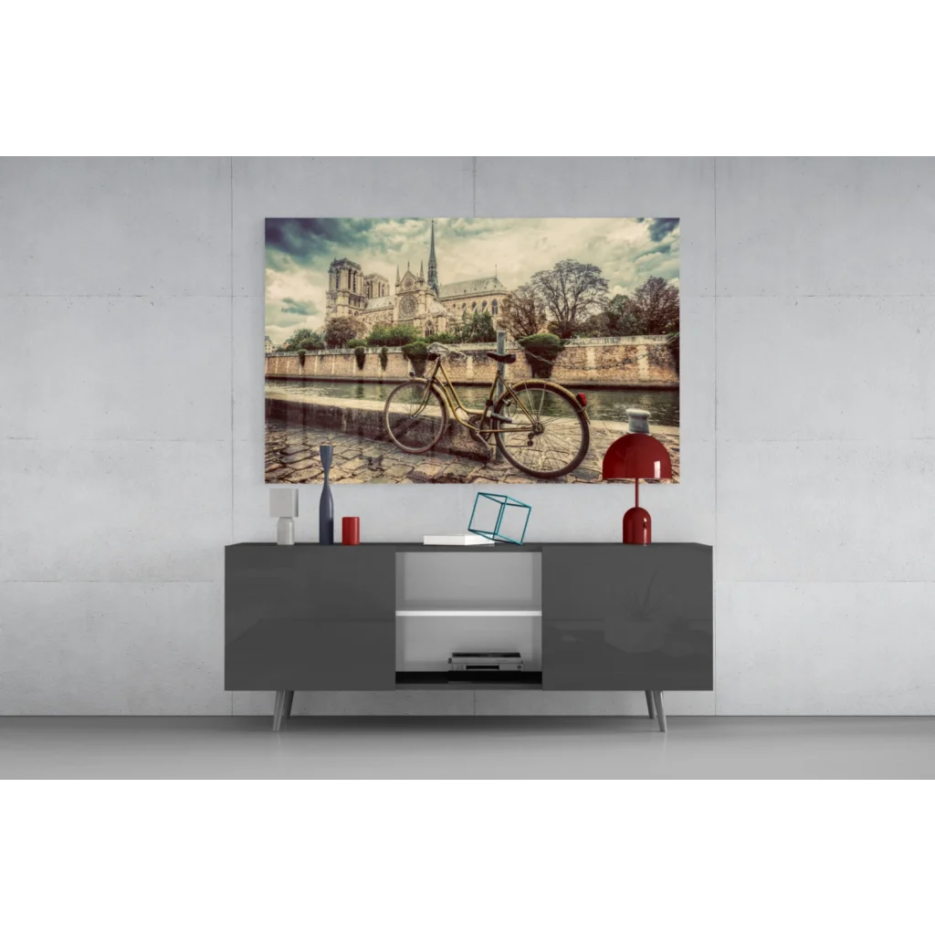 Vintage black bicycle by Seine at Notre Dame wall art