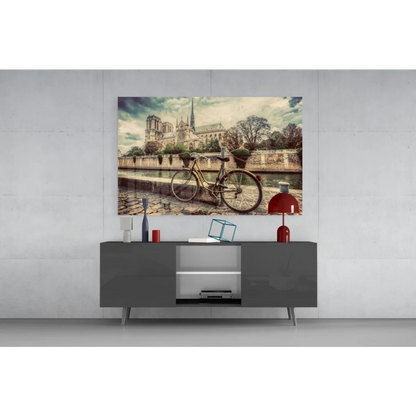 Vintage black bicycle by Seine at Notre Dame wall art