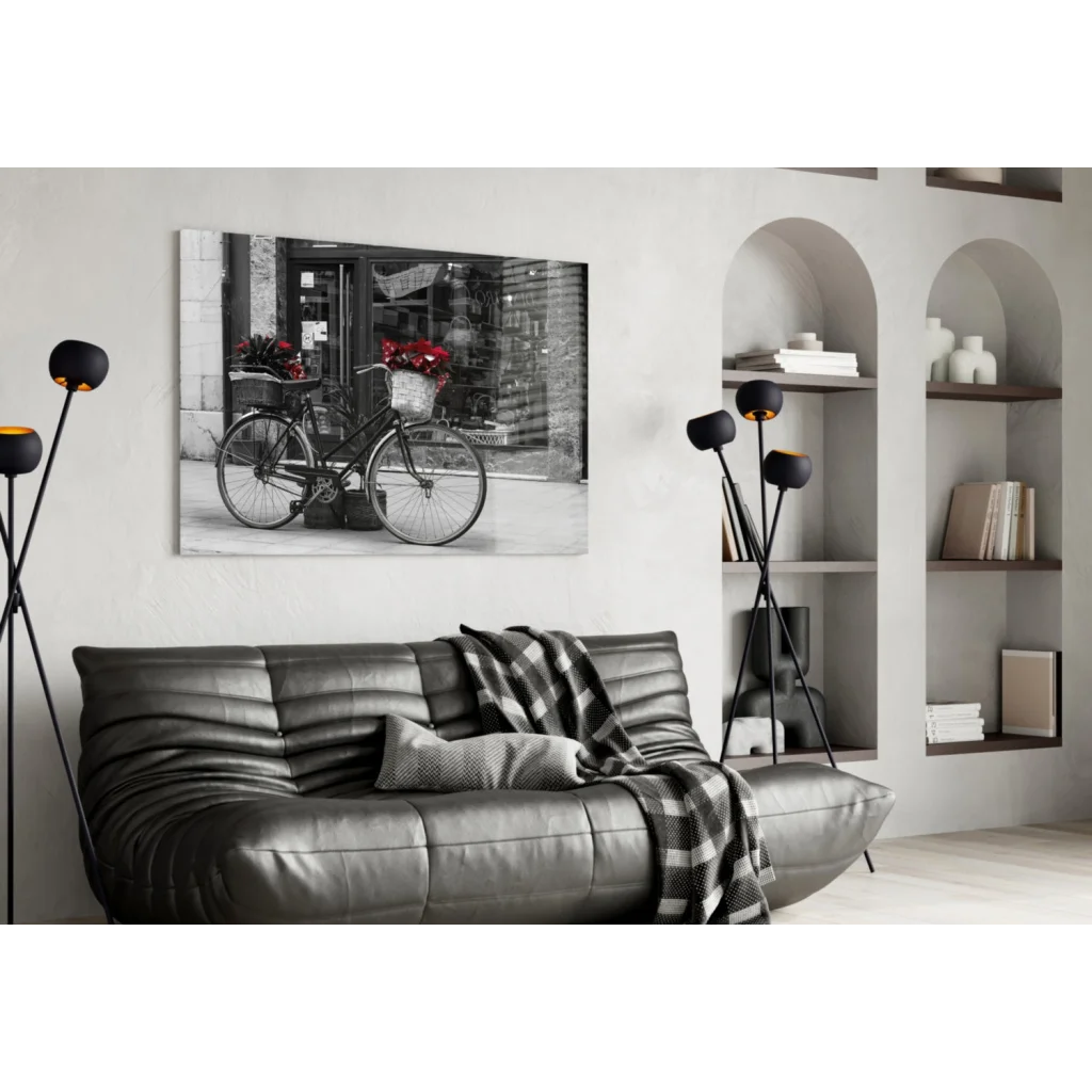Vintage bicycle with red flowers black-and-white wall art canvas print