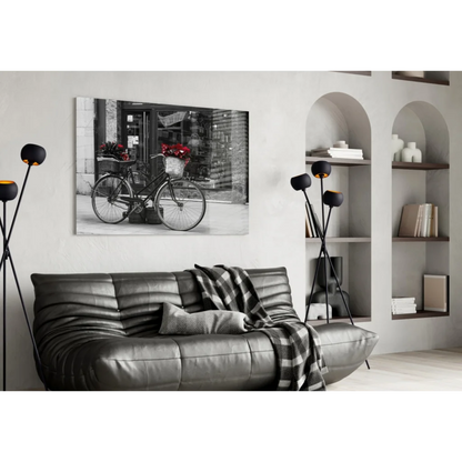 Vintage bicycle with red flowers black-and-white wall art canvas print