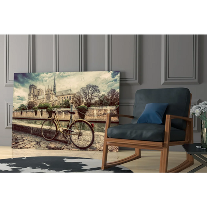 Vintage sepia canvas wall art of bicycle by Seine with Notre Dame