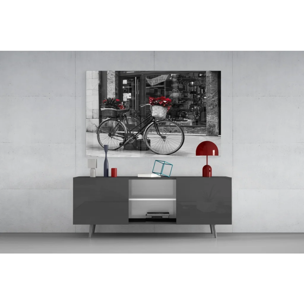 Vintage bicycle with red flowers black-and-white canvas wall art print