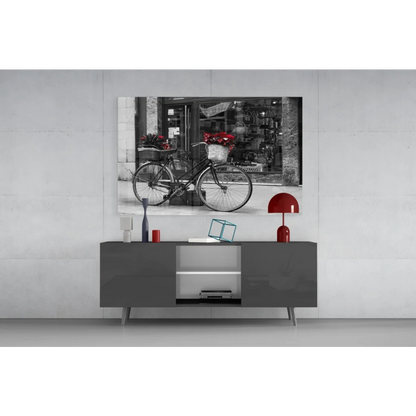 Vintage bicycle with red flowers black-and-white canvas wall art print