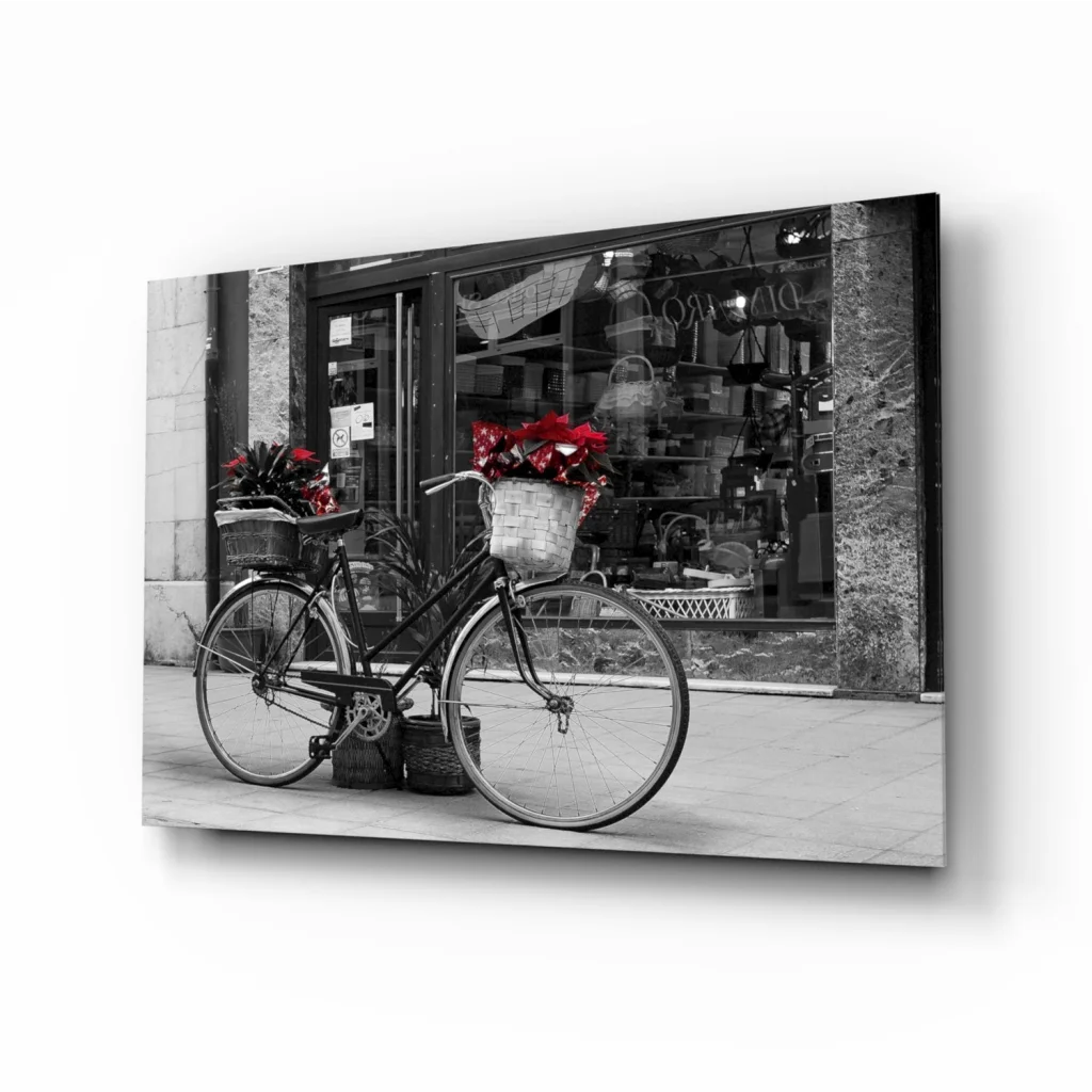 Vintage black bicycle with red flowers wall art print