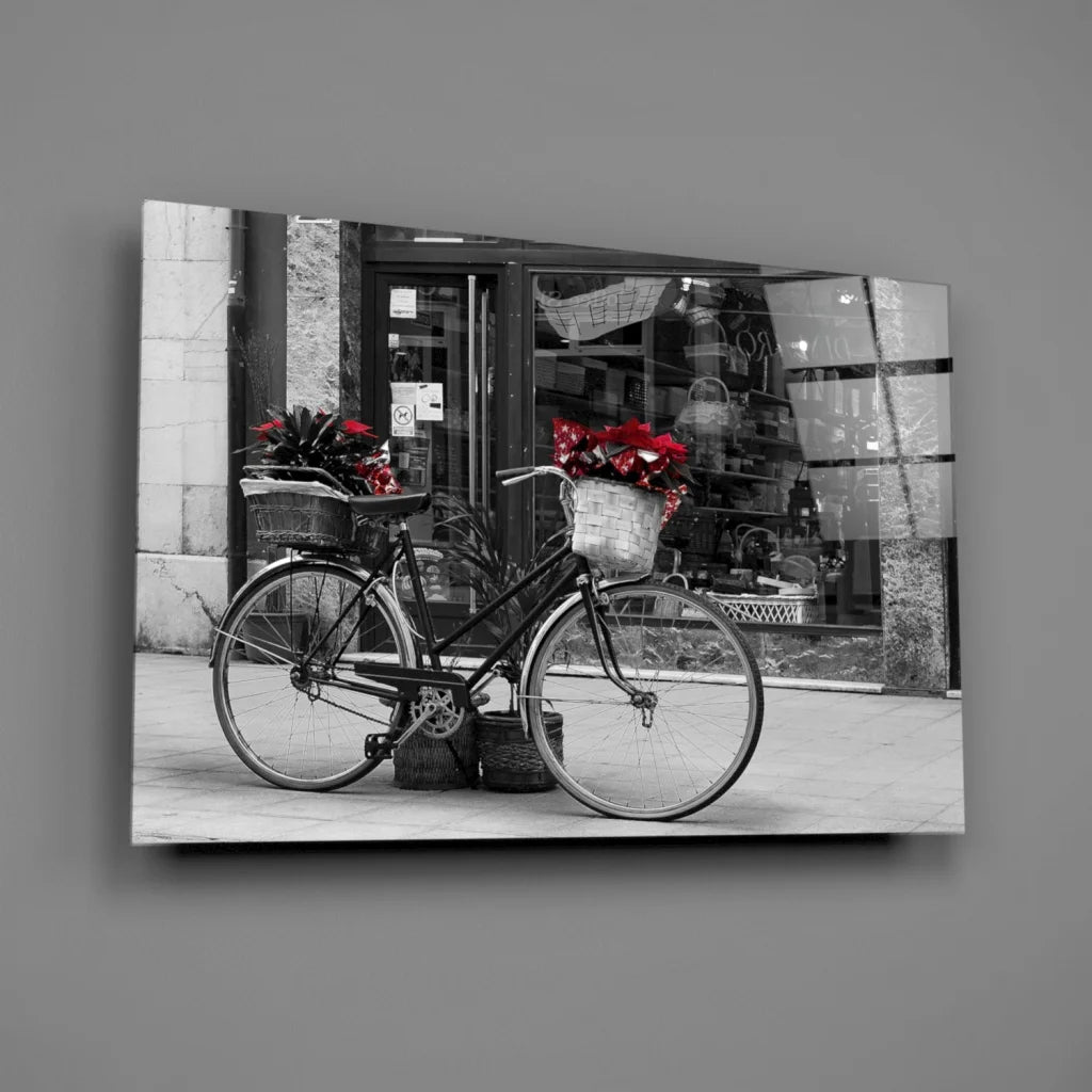 Vintage black bicycle with red flowers wall art print