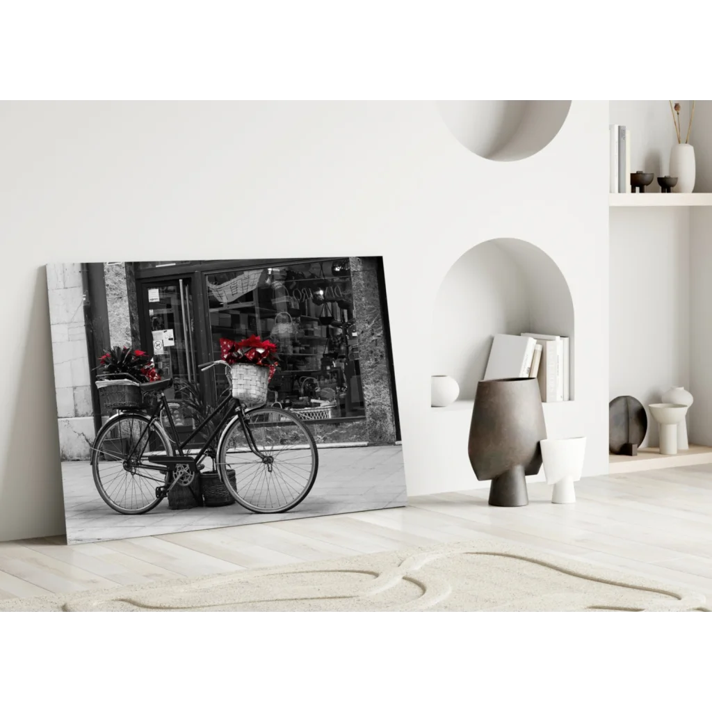 Vintage bicycle with red flowers black-and-white canvas wall art print