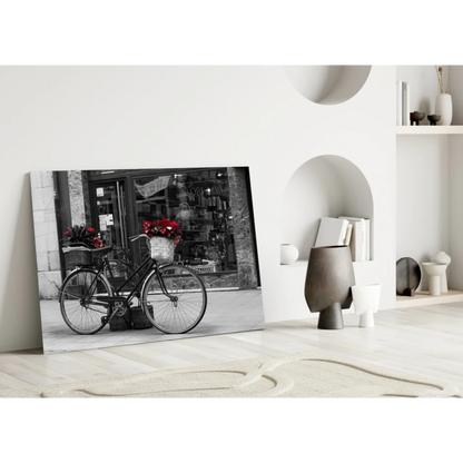 Vintage bicycle with red flowers black-and-white canvas wall art print