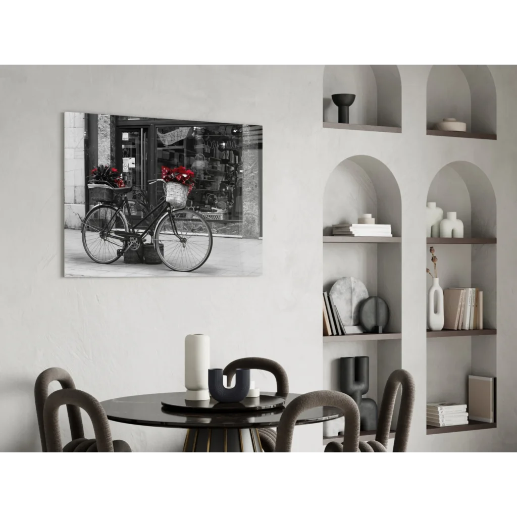 Black-and-white vintage bicycle with red flowers wall art print