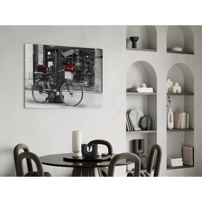 Black-and-white vintage bicycle with red flowers wall art print