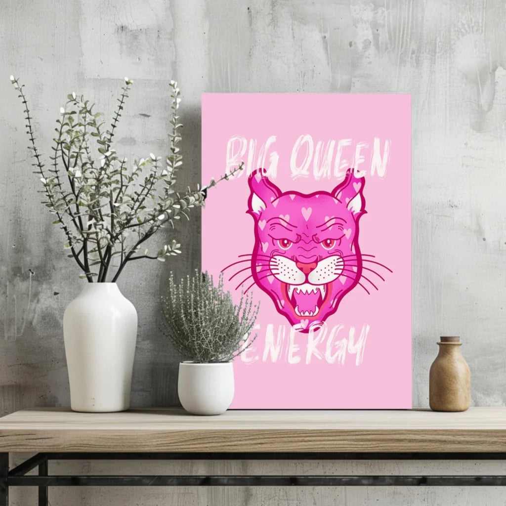 Vibrant pink panther insigne aluminum print with big queen energy text