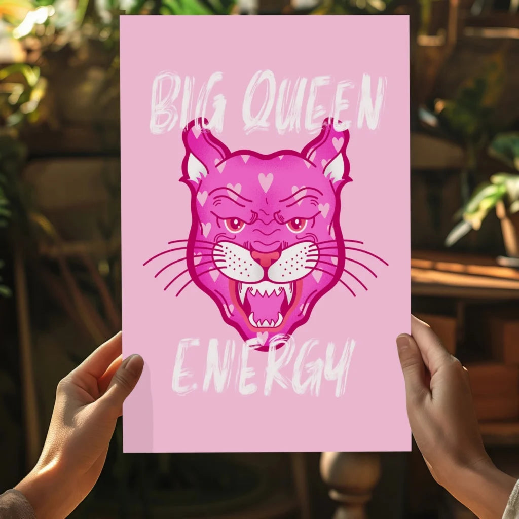 Pink cat face with hearts on Big Queen Energy insigne aluminum prints