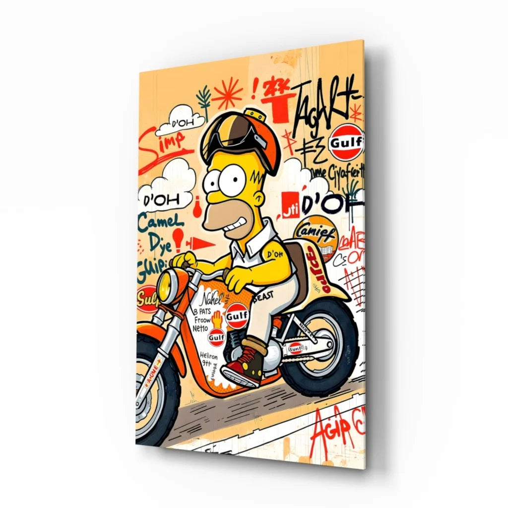 Homer Simpson motorcycle racing glass wall art canvas print