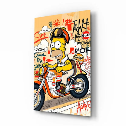 Homer Simpson motorcycle racing glass wall art canvas print