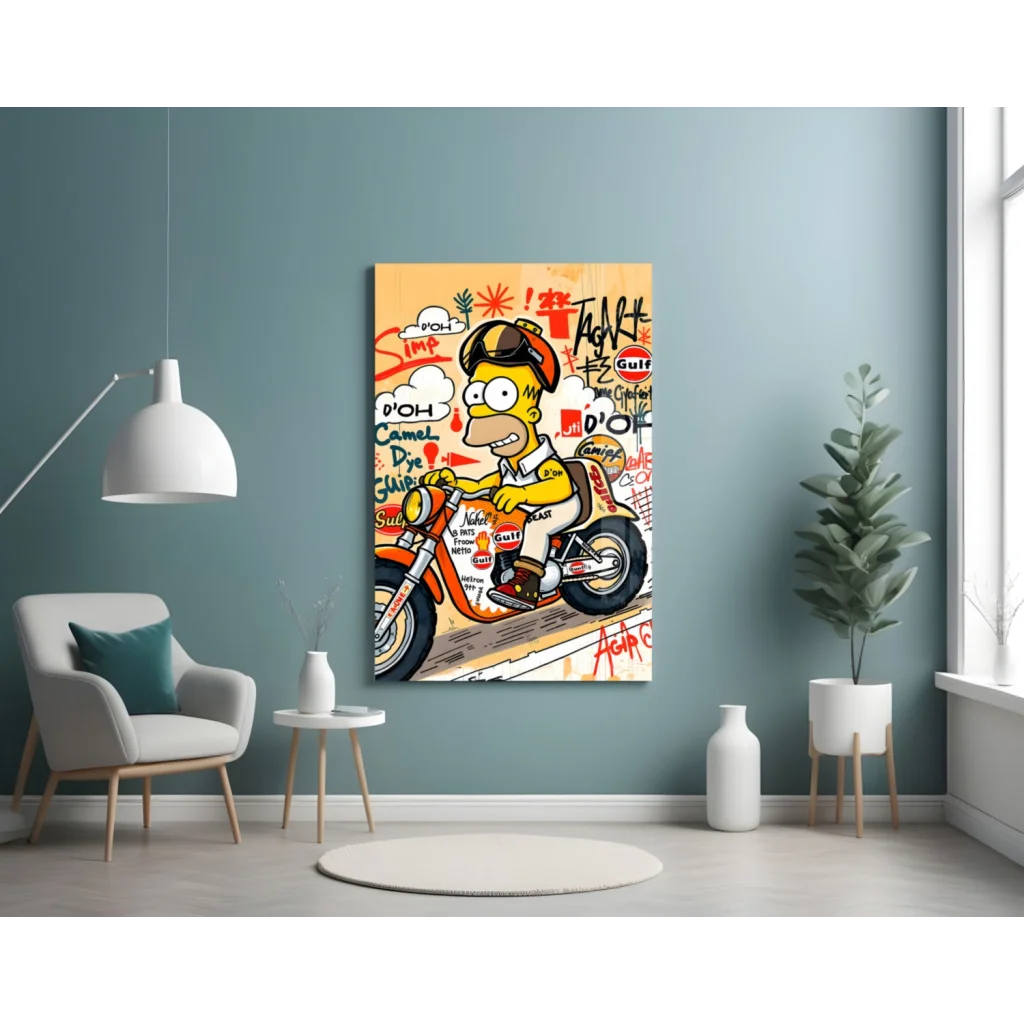 Vibrant Homer Simpson motorcycle glass wall art canvas print