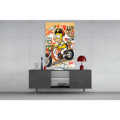 Homer Simpson on motorcycle in vibrant yellow graffiti glass wall art