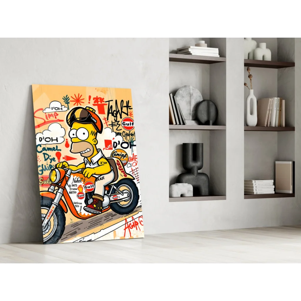 Homer Simpson motorcycle racing vibrant glass wall art canvas print