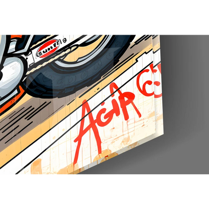 Homer Simpson motorcycle wheel with Gulf logo glass wall art