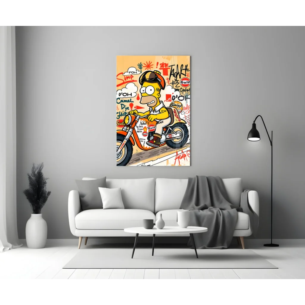 Homer Simpson racing on motorcycle in vibrant orange yellow graffiti canvas glass wall art