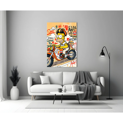 Homer Simpson racing on motorcycle in vibrant orange yellow graffiti canvas glass wall art