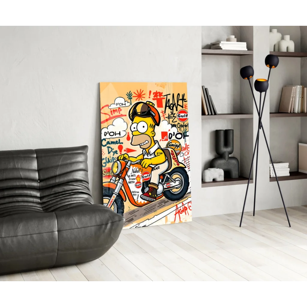 Homer Simpson motorcycle racing glass wall art canvas print