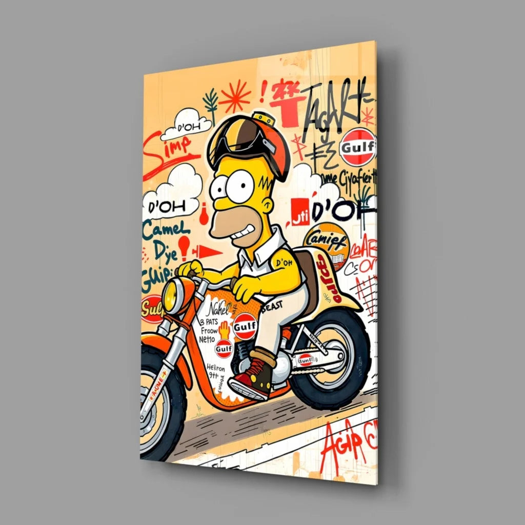 Homer Simpson on Gulf-raced motorcycle glass wall art canvas